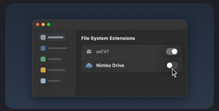 Setup guide, third step: turn on Nimbo Drive in System Settings, with the path and a button to open it.