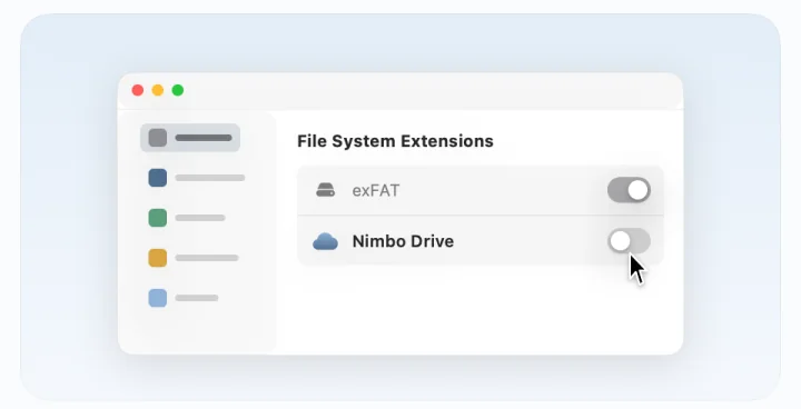 Setup guide, third step: turn on Nimbo Drive in System Settings, with the path and a button to open it.