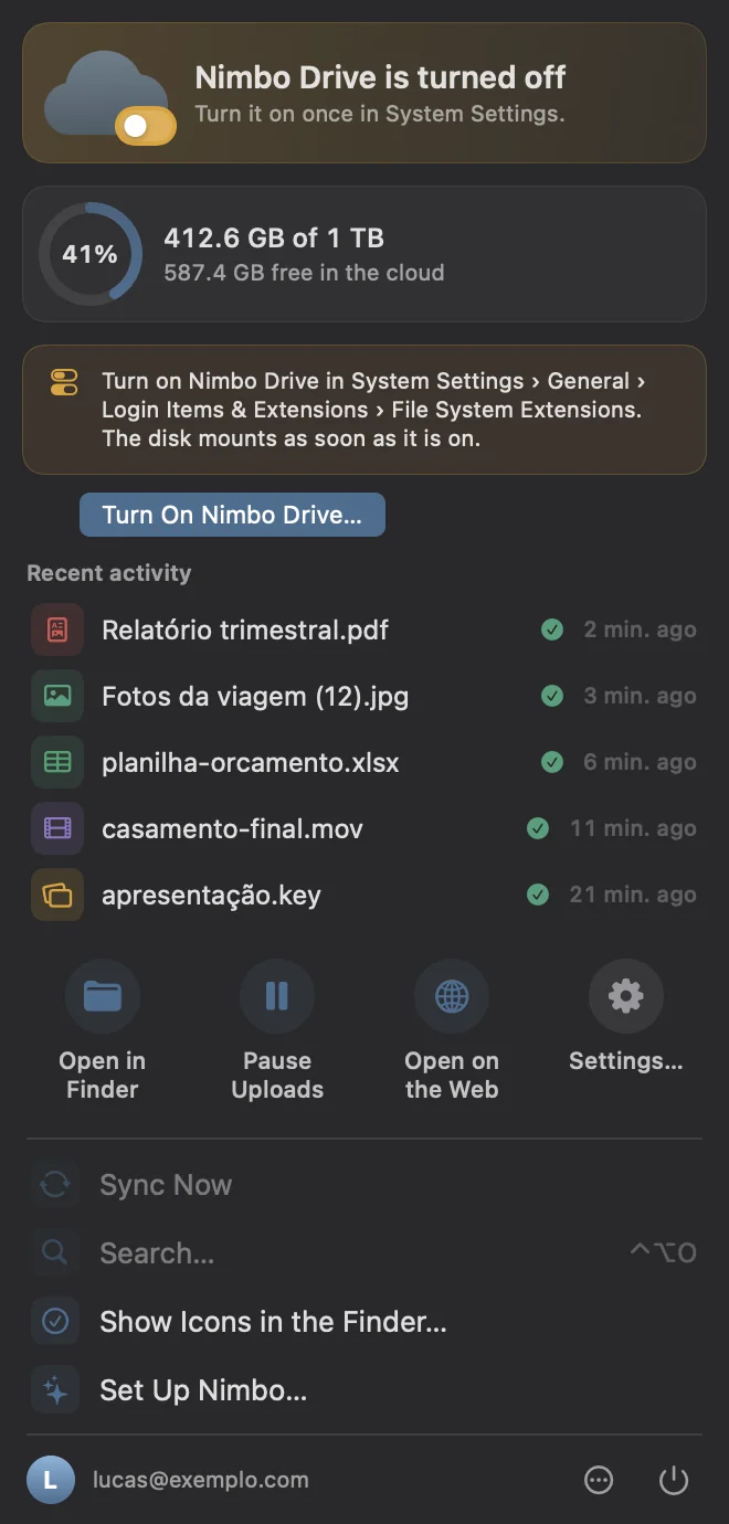 The Nimbo menu when Nimbo Drive is turned off, with the path in System Settings and the Turn On Nimbo Drive button.