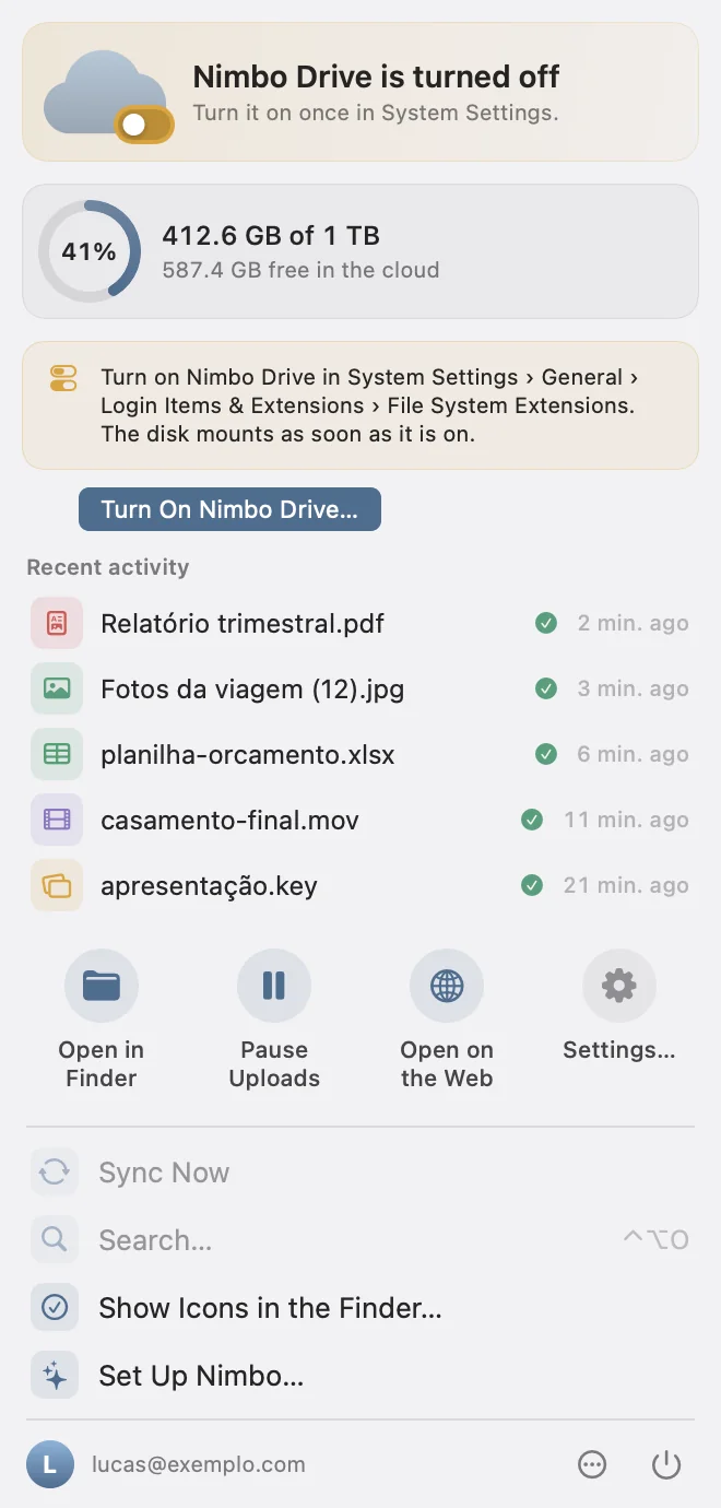 The Nimbo menu when Nimbo Drive is turned off, with the path in System Settings and the Turn On Nimbo Drive button.