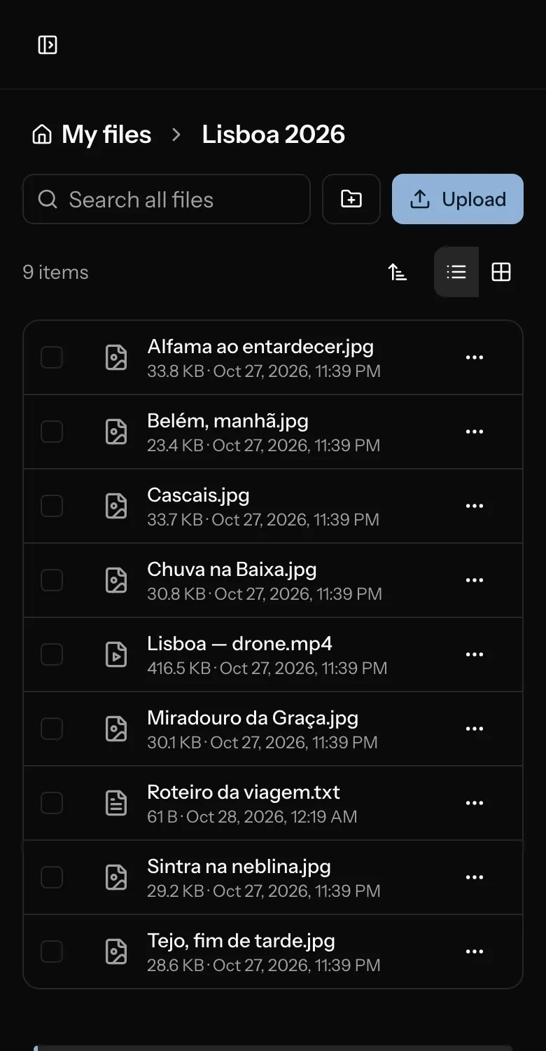 Nimbo on a phone browser, showing a folder of files.