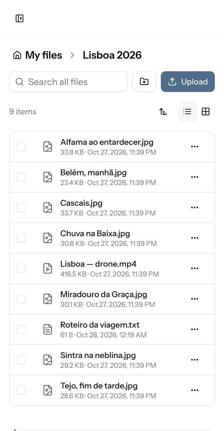 Nimbo on a phone browser, showing a folder of files.