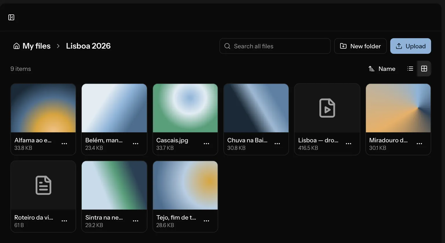 Nimbo on the web: a folder of photos and videos in grid view, with thumbnails, search and the upload button.
