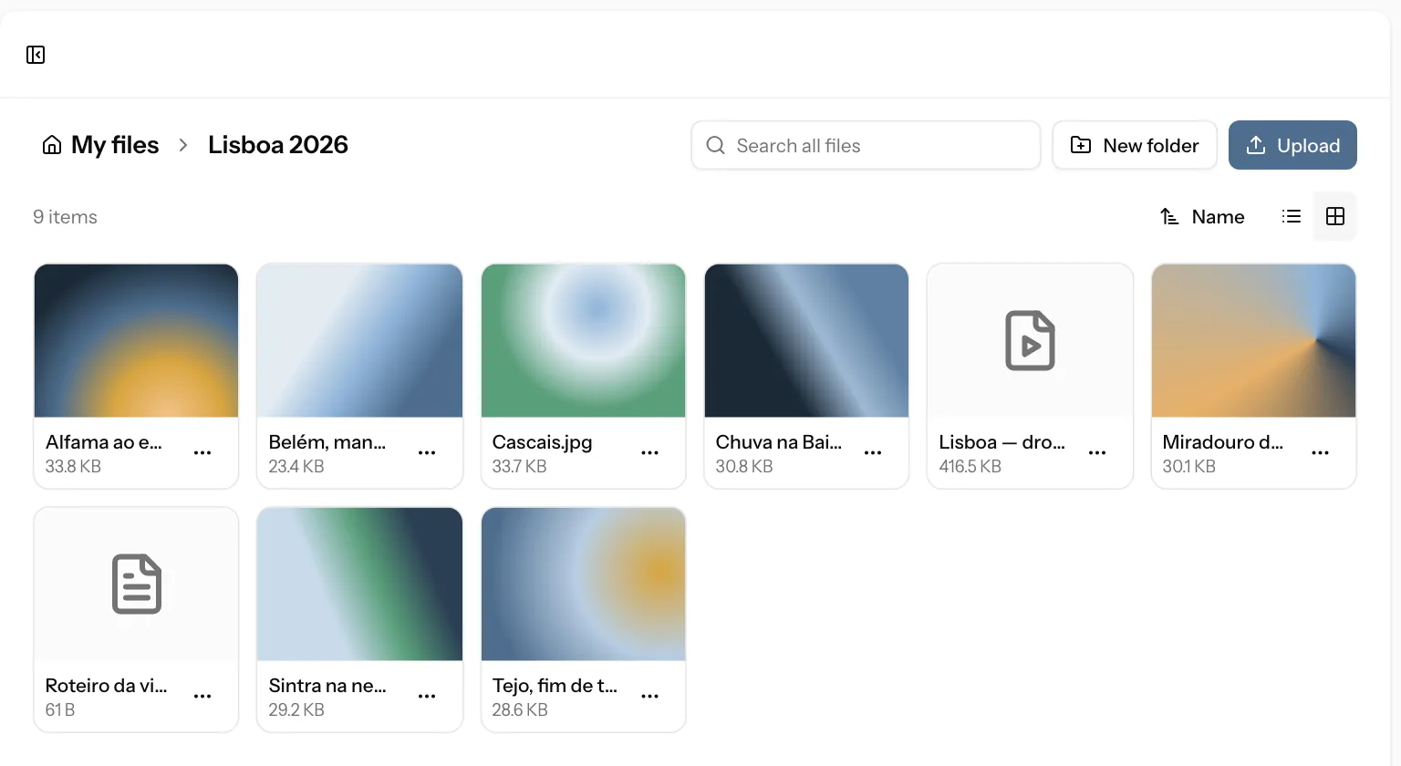 Nimbo on the web: a folder of photos and videos in grid view, with thumbnails, search and the upload button.