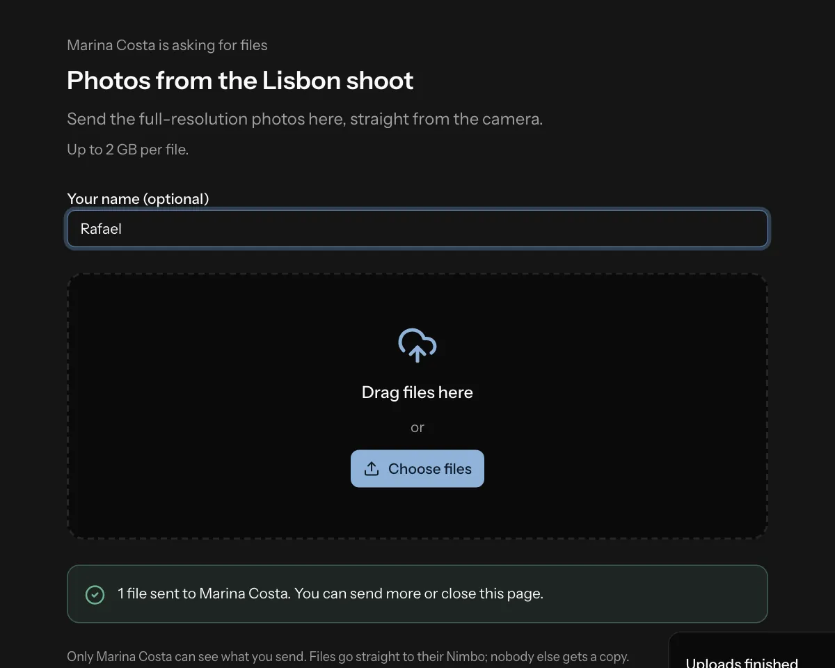 A file request page as visitors see it: they can upload files to Nimbo without an account.