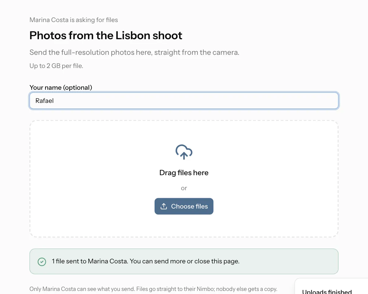 A file request page as visitors see it: they can upload files to Nimbo without an account.