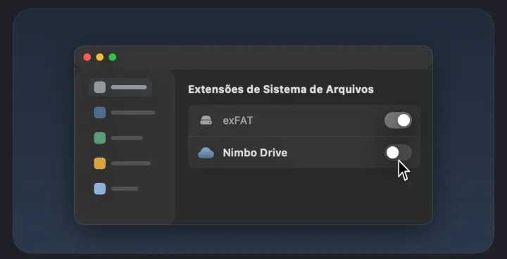 Guia de configuração, terceiro passo: ativar o Nimbo Drive nos Ajustes do Sistema, com o caminho e um botão para abrir.