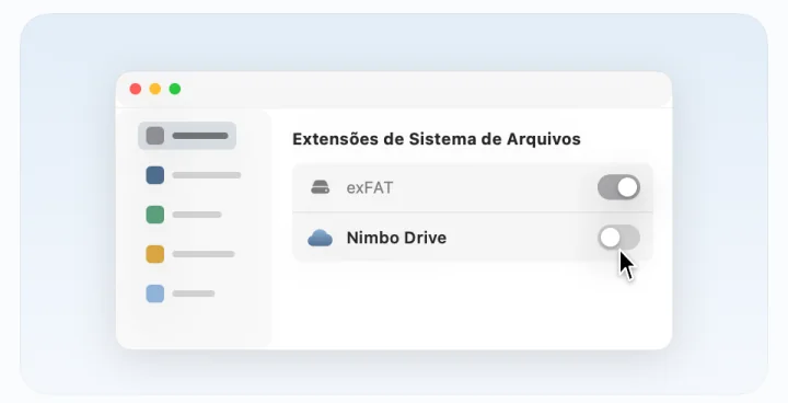 Guia de configuração, terceiro passo: ativar o Nimbo Drive nos Ajustes do Sistema, com o caminho e um botão para abrir.
