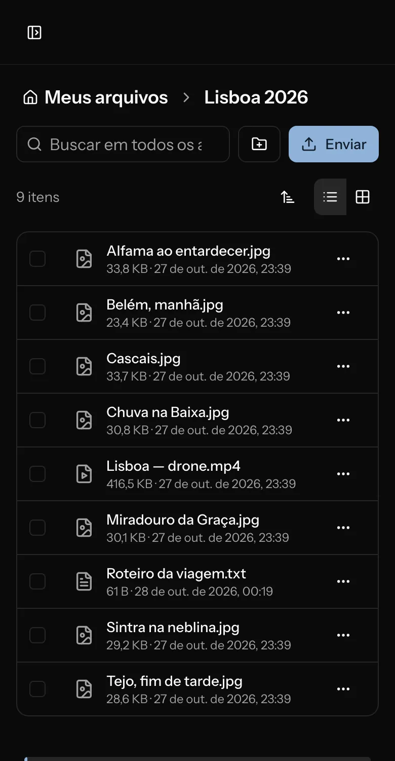 O Nimbo no navegador do celular, mostrando uma pasta.
