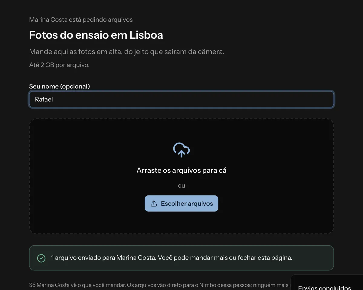 Uma página de pedido de arquivos como o visitante vê: ele envia arquivos para o Nimbo sem ter conta.