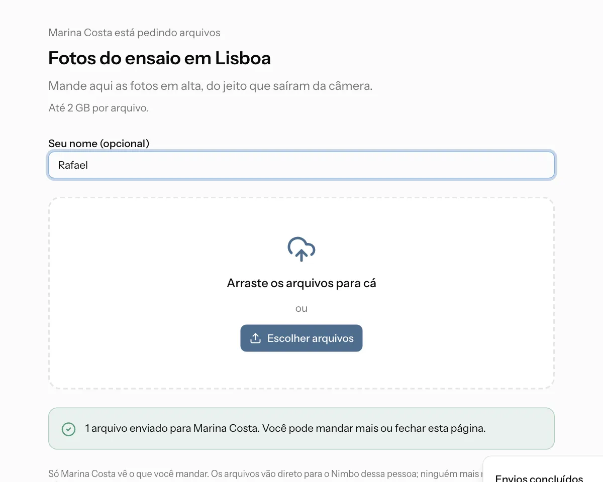 Uma página de pedido de arquivos como o visitante vê: ele envia arquivos para o Nimbo sem ter conta.