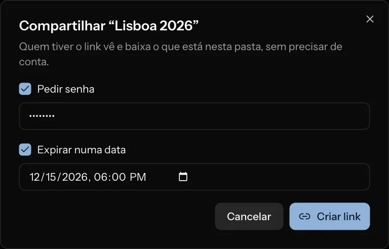 Compartilhando uma pasta pela web: um link com senha e data de validade.