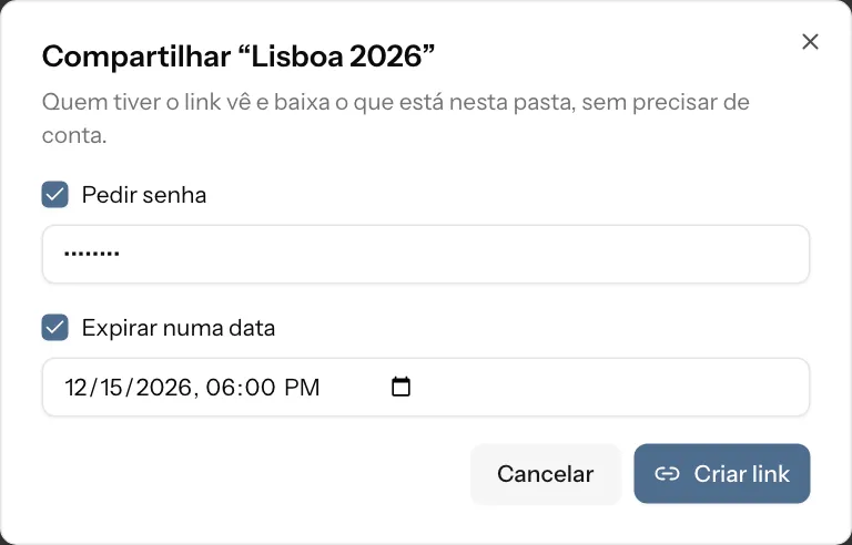 Compartilhando uma pasta pela web: um link com senha e data de validade.